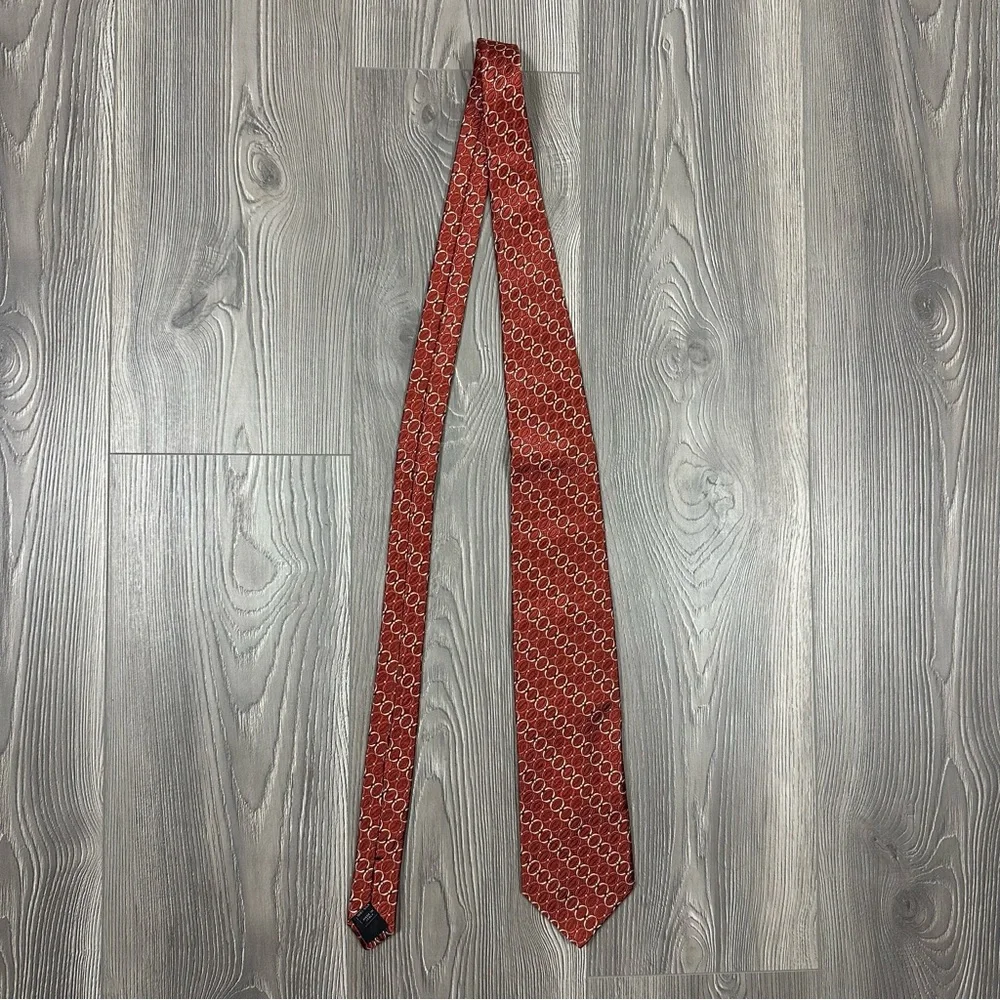 Jos. A. Bank Rust Orange Silk Tie Italy Made Yellow Geometric Circle Pattern 59”